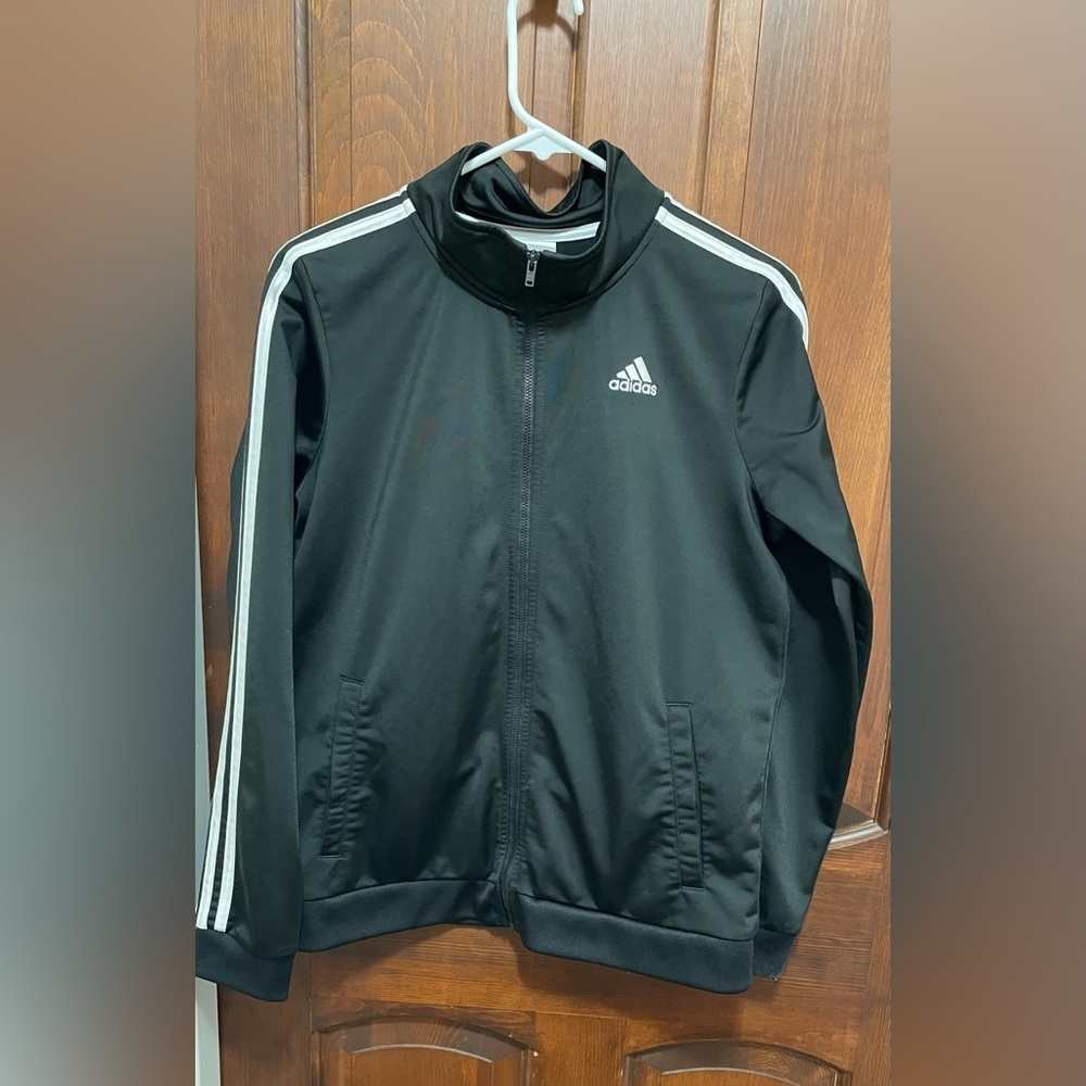 Adidas women’s ( Unisex) Black with White stripes Track Jacket size XL(18/20)
